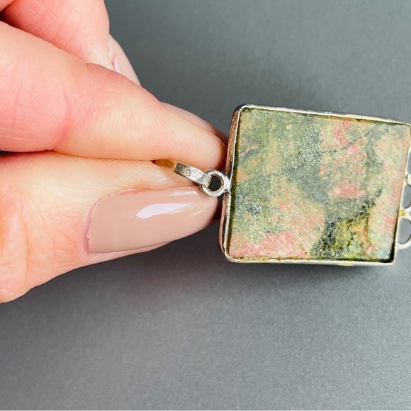 Green & Pink Unakite Jasper Rectangular Sterling Silver Vintage Pendant … - Picture 6 of 13